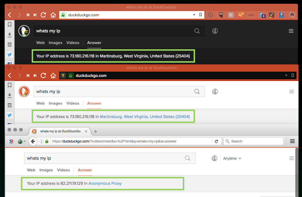 "Screen capture showing anonymized IP address using Tor vs a Private Window"